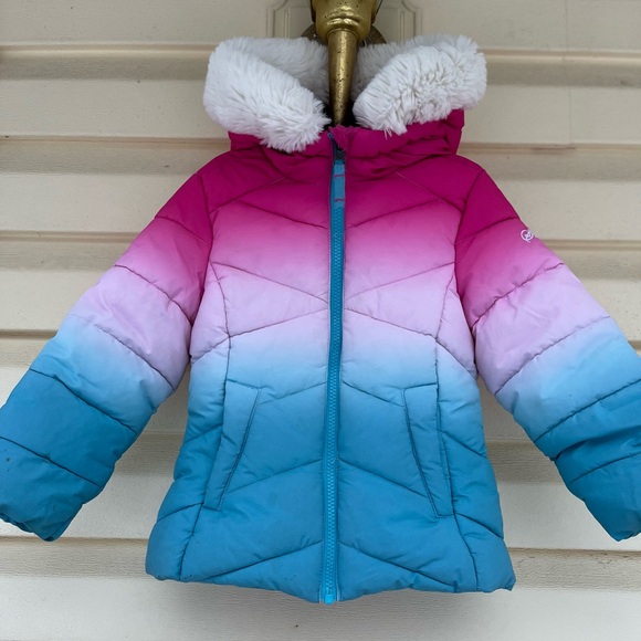 Snozu pink, blue white ombré puffer hooded  jacket, faux fur trim, pockets, 3T - Picture 1 of 8